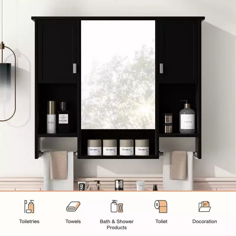 Mobiletto a specchio nero da parete per bagno con contenitore, singolo, 6 ripiani