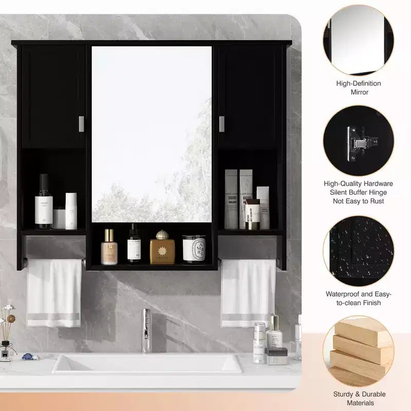 Mobiletto a specchio nero da parete per bagno con contenitore, singolo, 6 ripiani