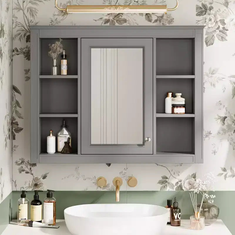 MAYEERTY 27.5 Medicine Cabinet, Wall Mounted Bathroom Storage Cabinet with Mirror 6 Open Shelves Modern Gray