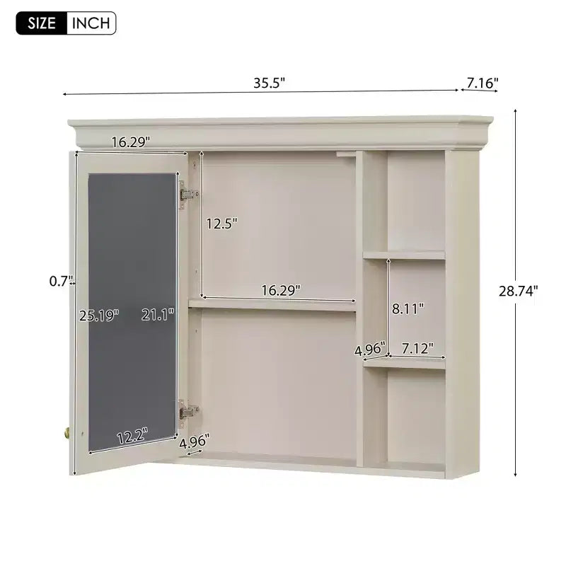 Mobiletto con specchio da bagno beige moderno da parete, a un'anta, 6 ripiani