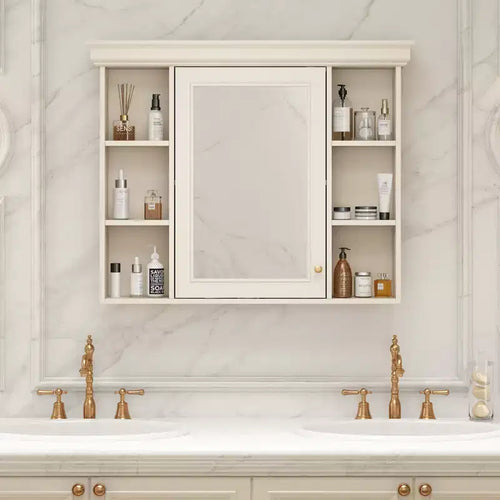 Mobiletto con specchio da bagno beige moderno da parete, a un'anta, 6 ripiani