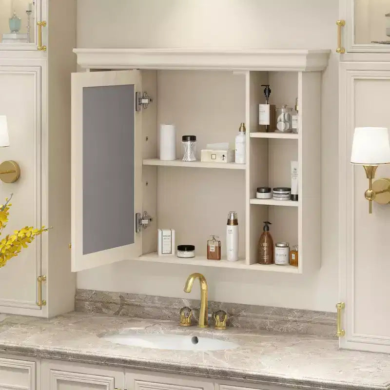 Mobiletto con specchio da bagno beige moderno da parete, a un'anta, 6 ripiani