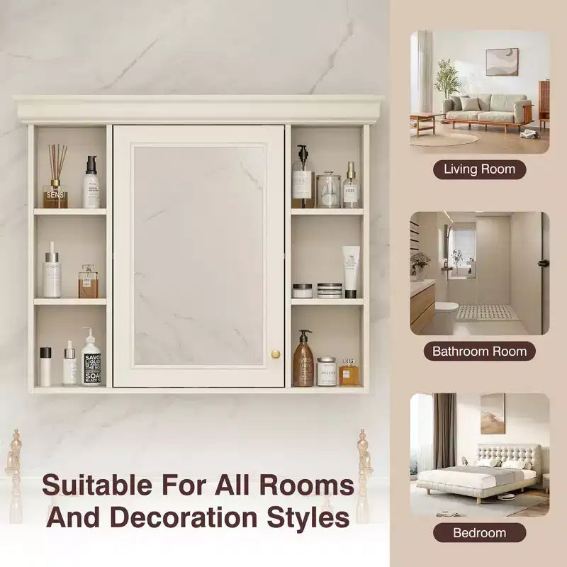 Mobiletto con specchio da bagno beige moderno da parete, a un'anta, 6 ripiani