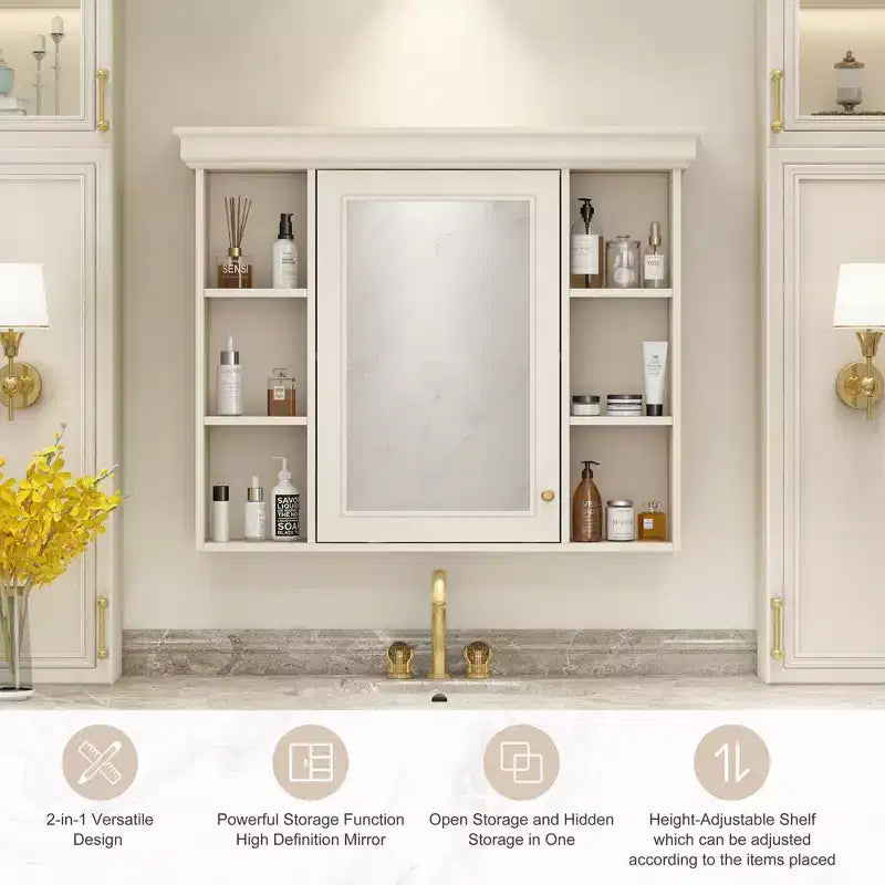 Mobiletto con specchio da bagno beige moderno da parete, a un'anta, 6 ripiani