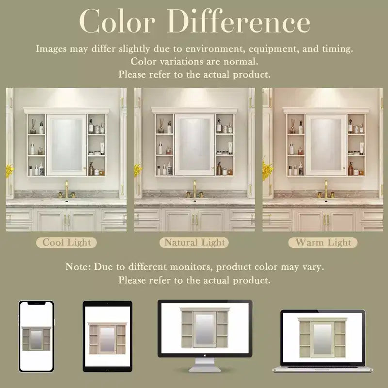 Mobiletto con specchio da bagno beige moderno da parete, a un'anta, 6 ripiani