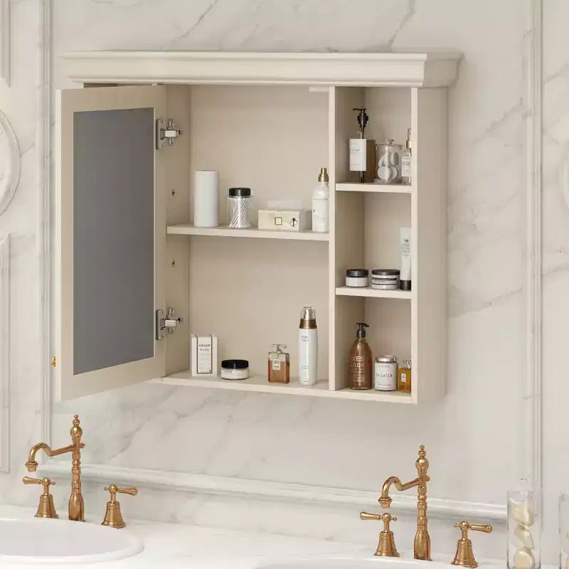 Mobiletto con specchio da bagno beige moderno da parete, a un'anta, 6 ripiani