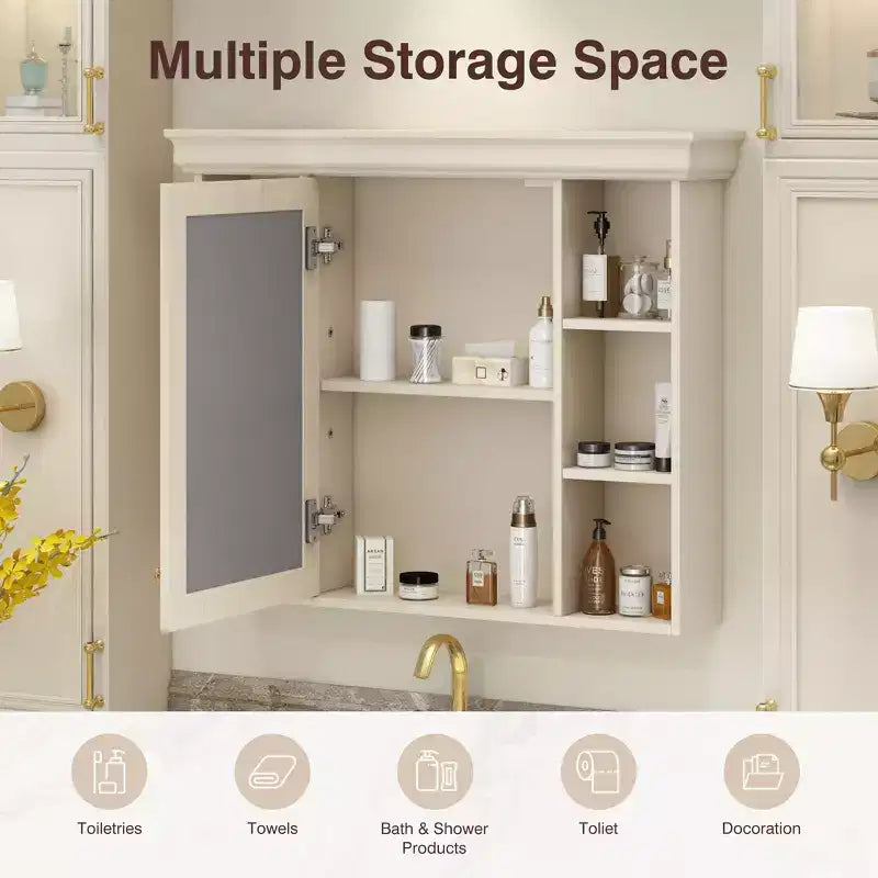 Mobiletto con specchio da bagno beige moderno da parete, a un'anta, 6 ripiani