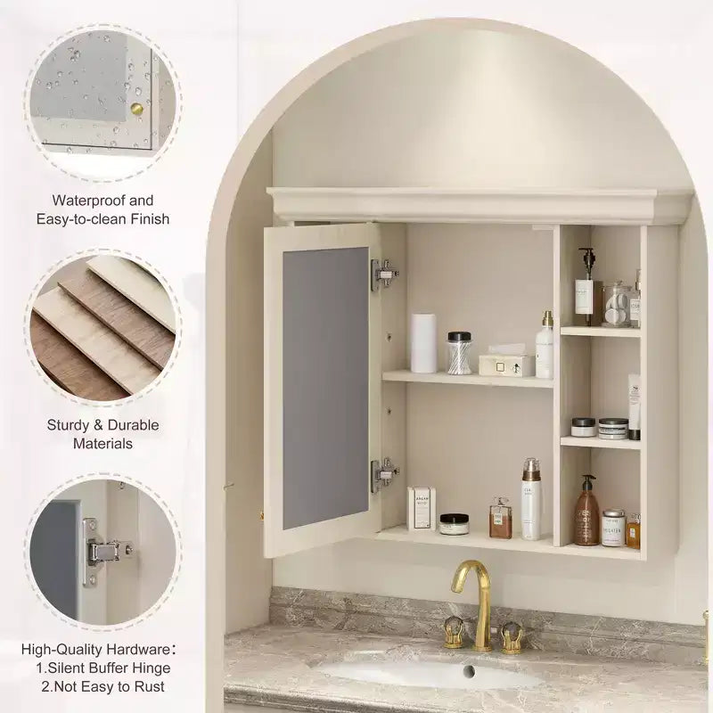Mobiletto con specchio da bagno beige moderno da parete, a un'anta, 6 ripiani