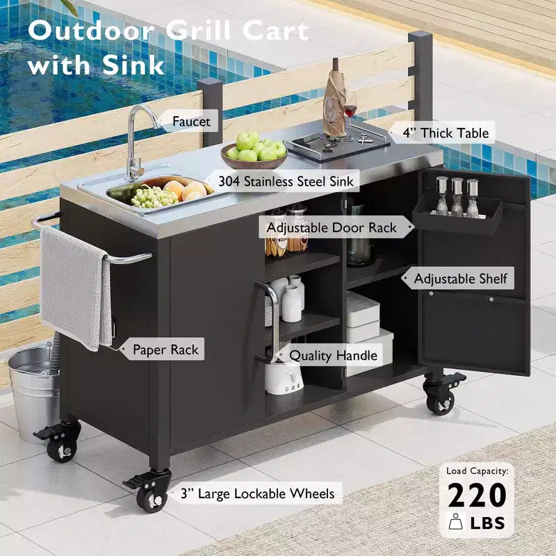 Carrello lavello da esterno monoposto argento con ripiano in acciaio inossidabile