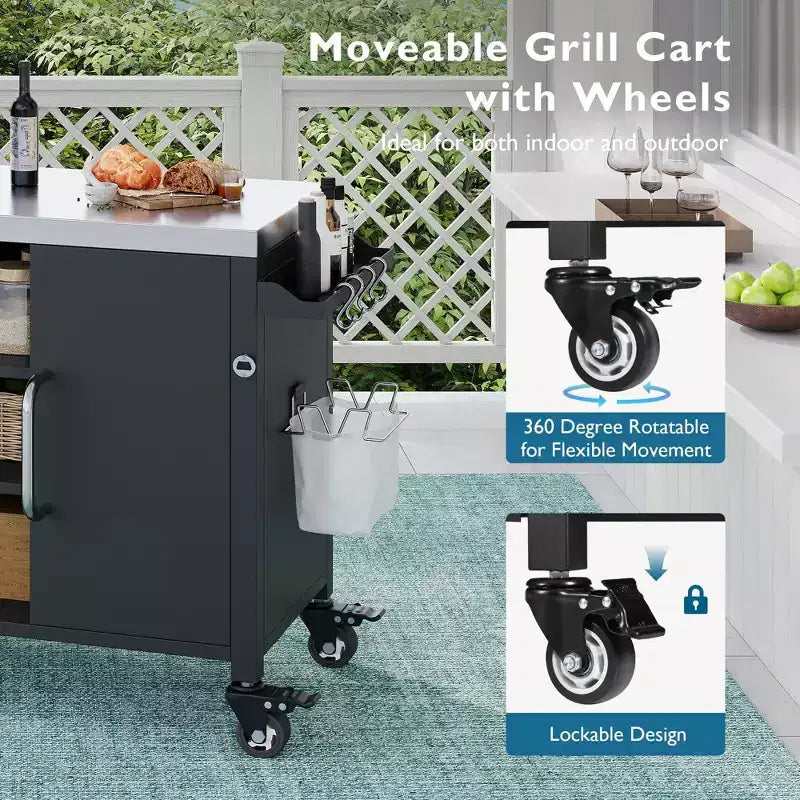Carrello lavello da esterno monoposto argento con ripiano in acciaio inossidabile