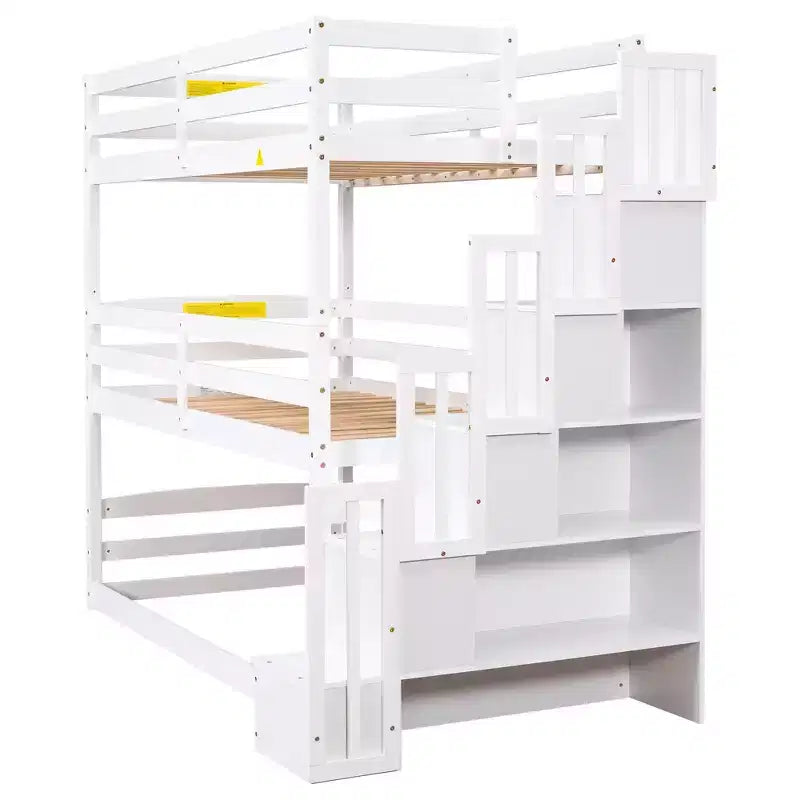 Letto a castello triplo bianco/grigio con scala contenitore, singolo, 3 posti letto