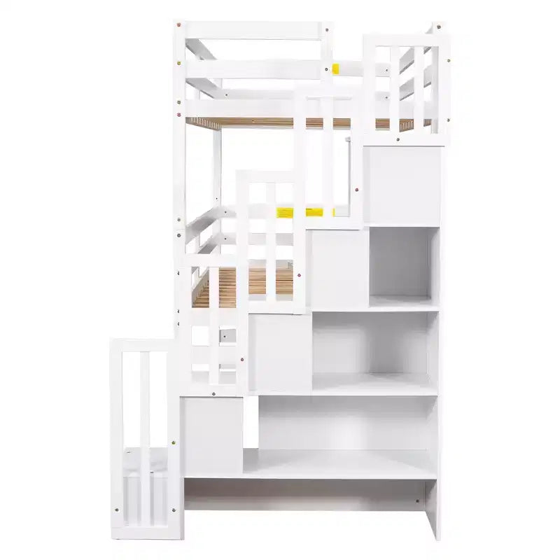 Letto a castello triplo bianco/grigio con scala contenitore, singolo, 3 posti letto