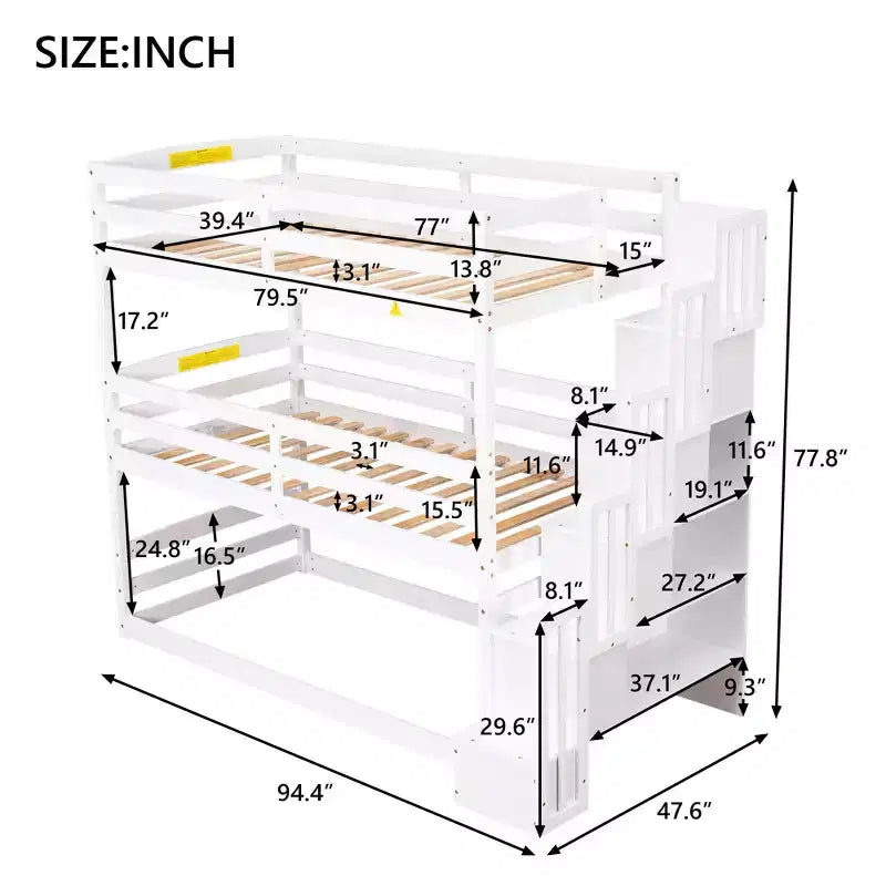 Letto a castello triplo bianco/grigio con scala contenitore, singolo, 3 posti letto
