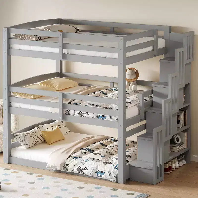 Letto a castello triplo bianco/grigio con scala contenitore, singolo, 3 posti letto