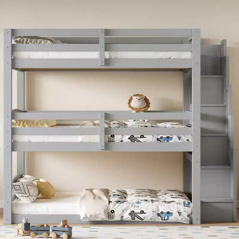 Letto a castello triplo bianco/grigio con scala contenitore, singolo, 3 posti letto