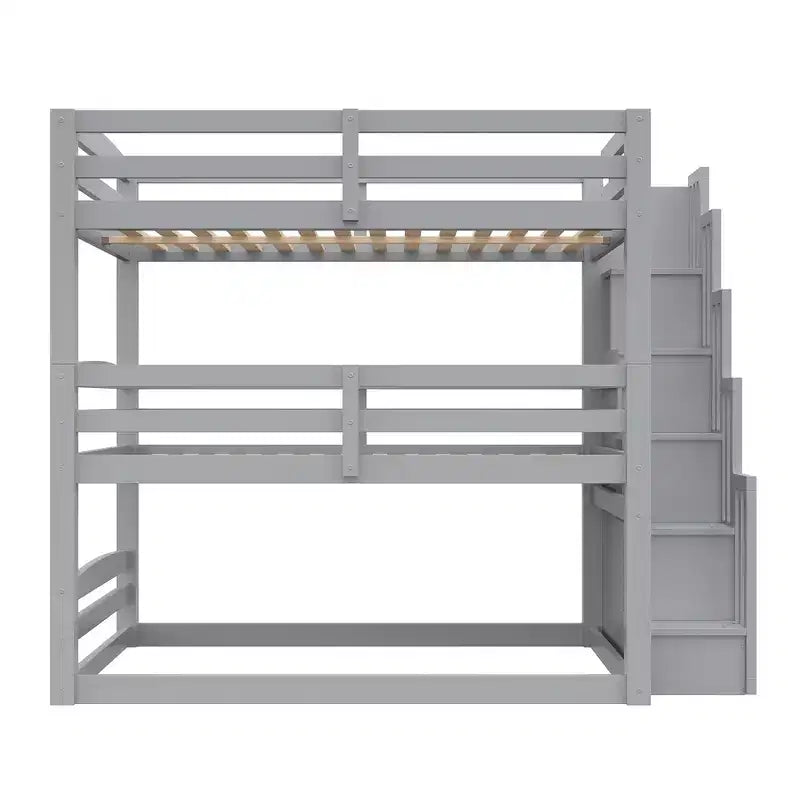 Letto a castello triplo bianco/grigio con scala contenitore, singolo, 3 posti letto