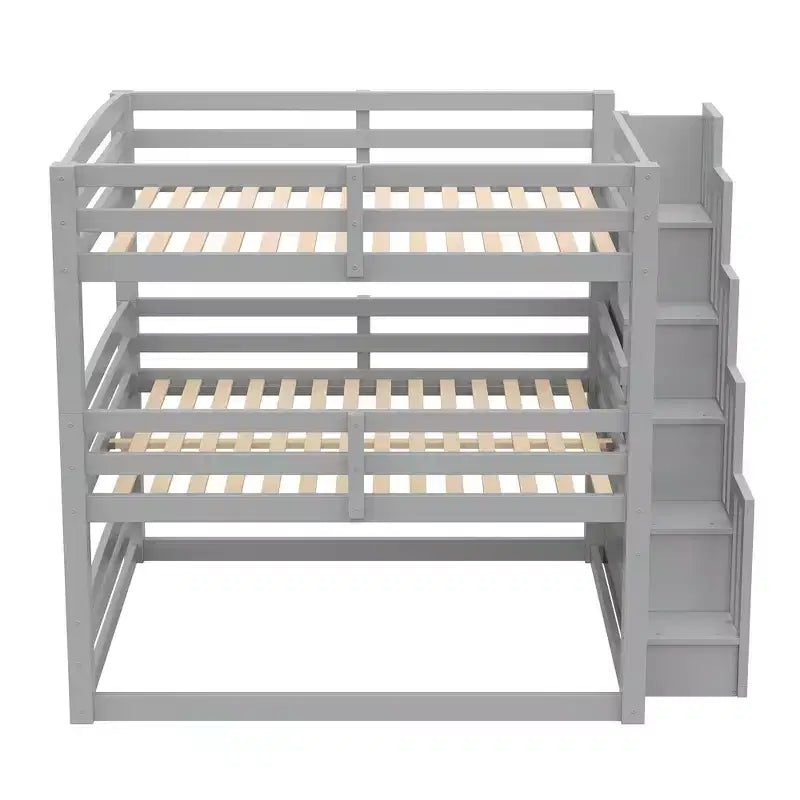 Letto a castello triplo bianco/grigio con scala contenitore, singolo, 3 posti letto