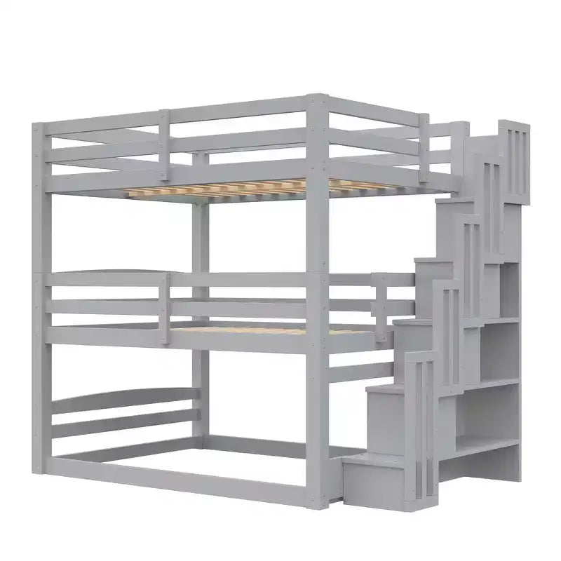 Letto a castello triplo bianco/grigio con scala contenitore, singolo, 3 posti letto