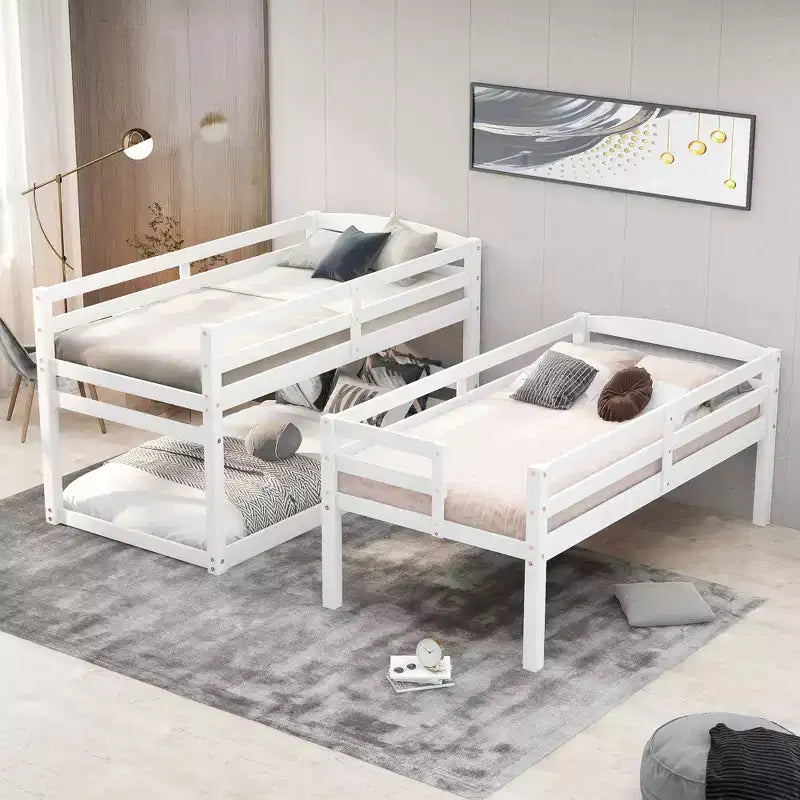 Letto a castello triplo bianco/grigio con scala contenitore, singolo, 3 posti letto