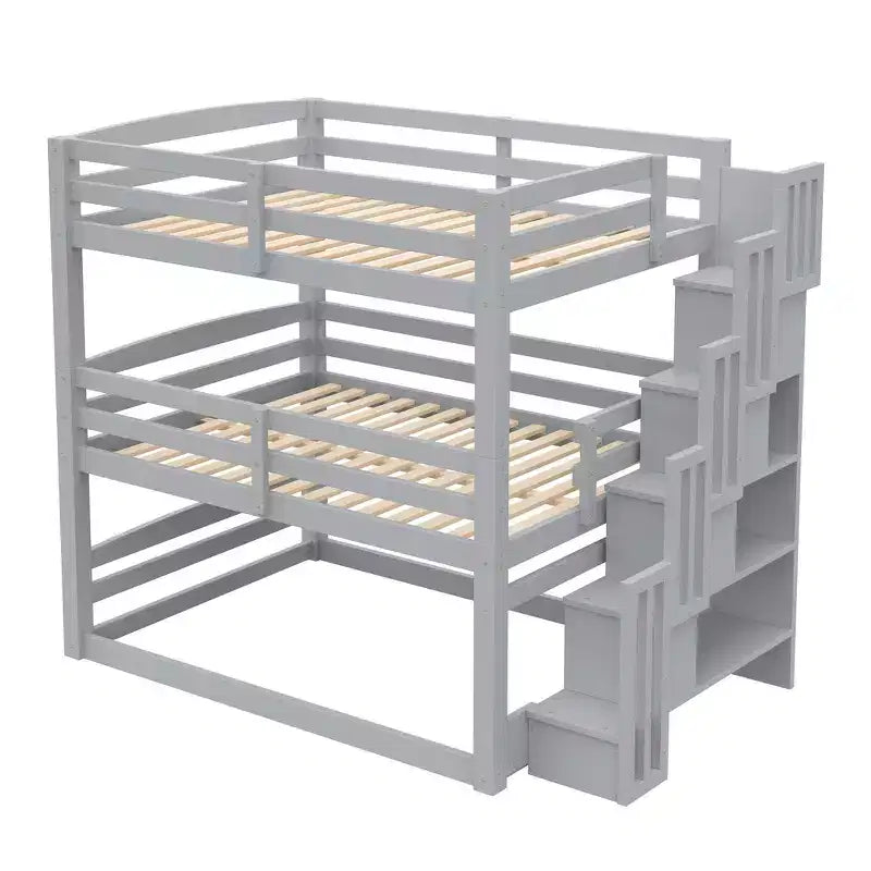 Letto a castello triplo bianco/grigio con scala contenitore, singolo, 3 posti letto