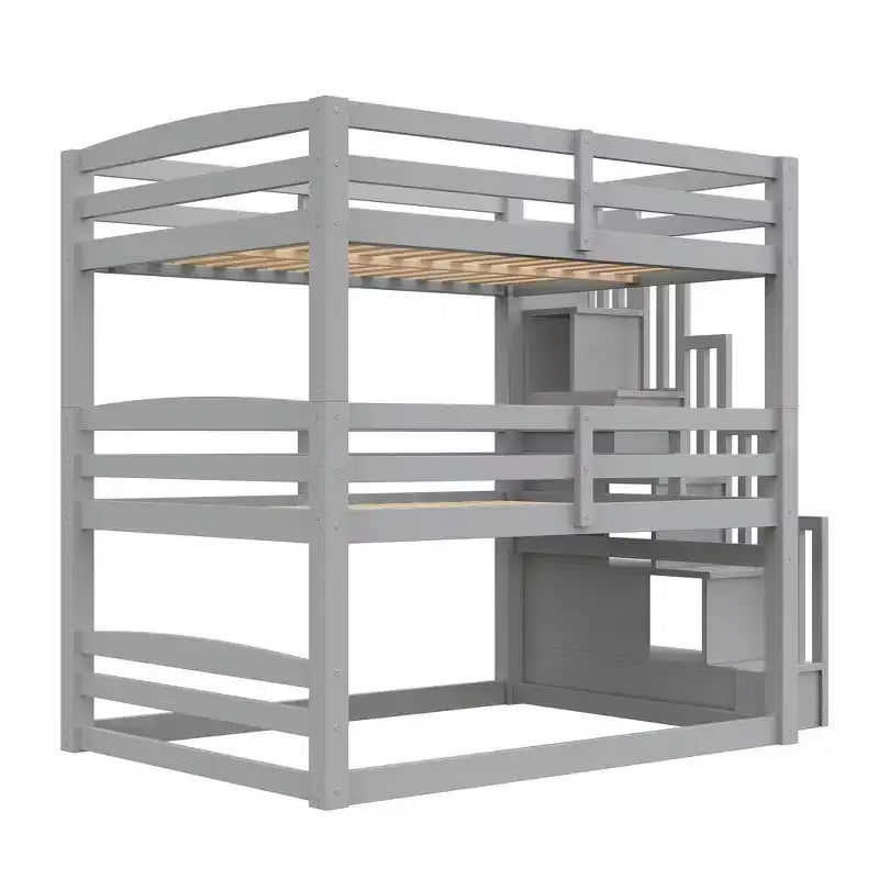Letto a castello triplo bianco/grigio con scala contenitore, singolo, 3 posti letto