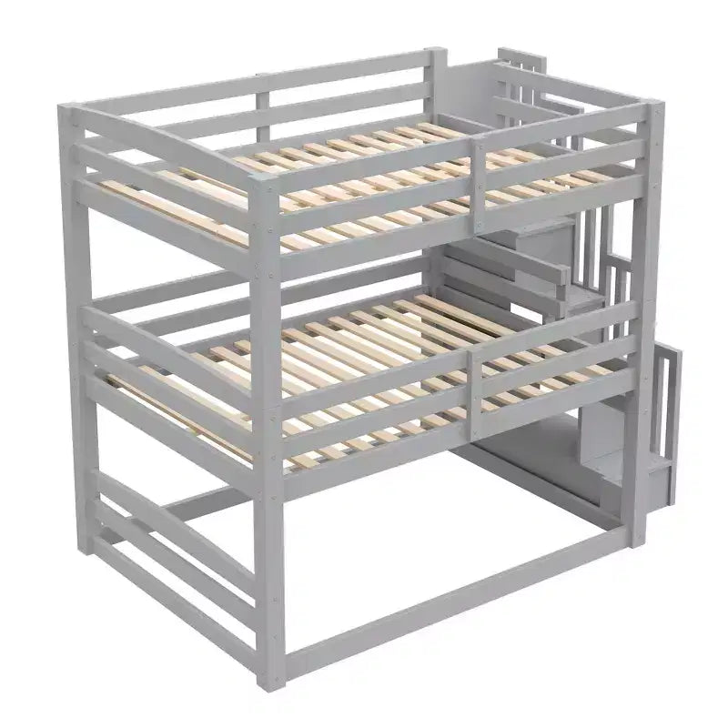 Letto a castello triplo bianco/grigio con scala contenitore, singolo, 3 posti letto