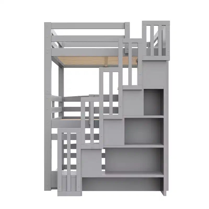 Letto a castello triplo bianco/grigio con scala contenitore, singolo, 3 posti letto