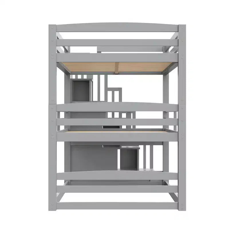 Letto a castello triplo bianco/grigio con scala contenitore, singolo, 3 posti letto