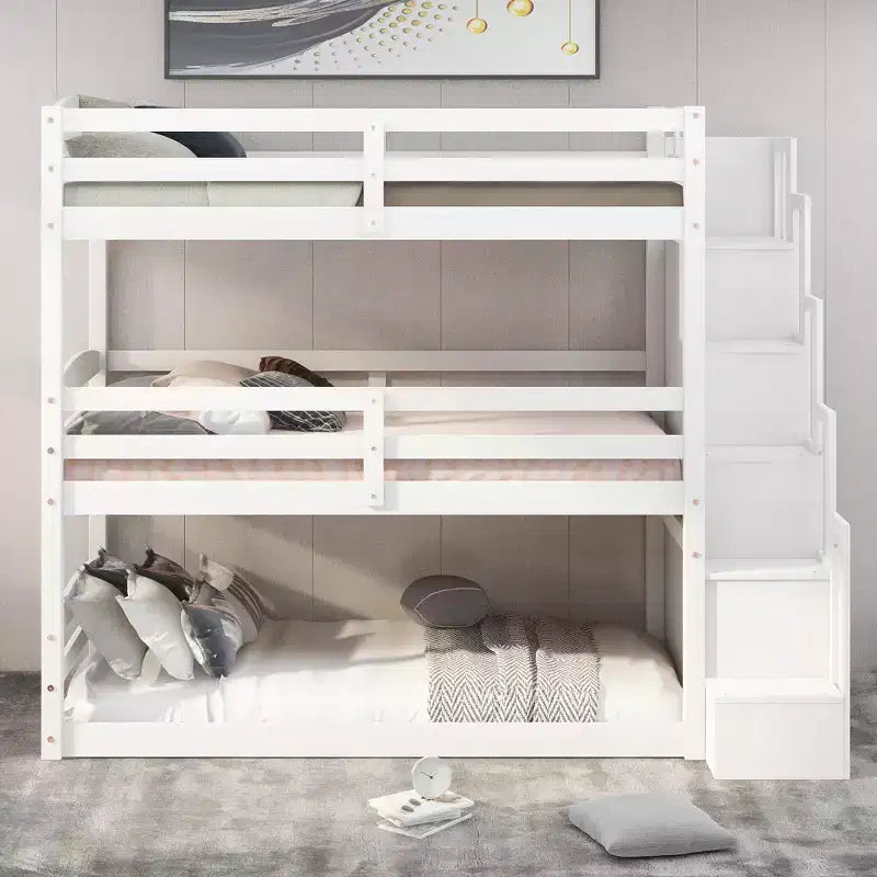 Letto a castello triplo bianco/grigio con scala contenitore, singolo, 3 posti letto