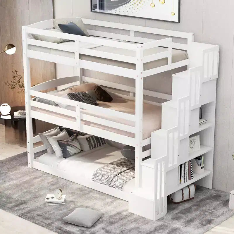 Letto a castello triplo bianco/grigio con scala contenitore, singolo, 3 posti letto
