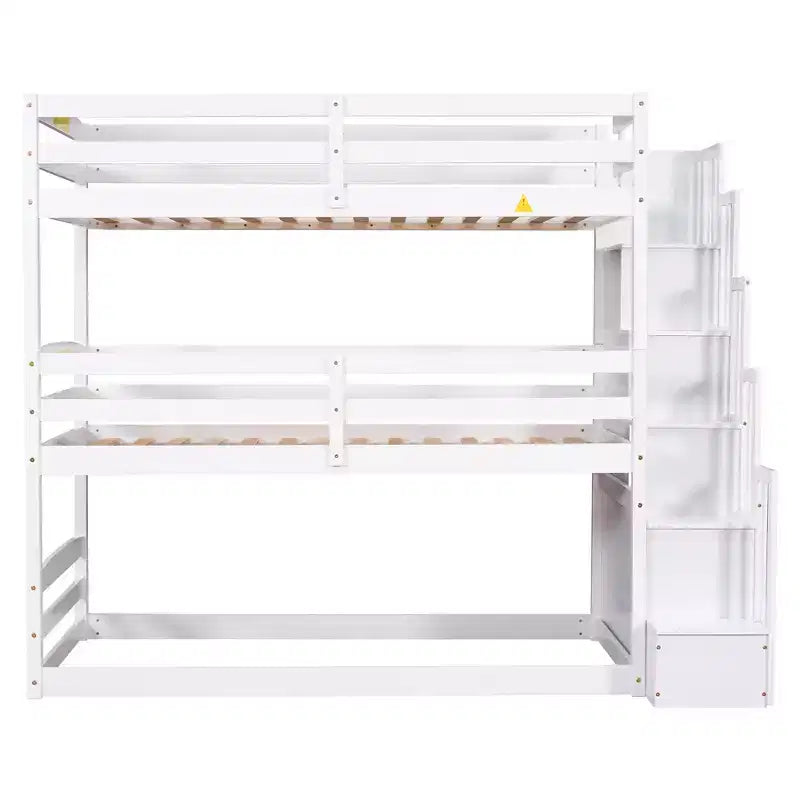 Letto a castello triplo bianco/grigio con scala contenitore, singolo, 3 posti letto