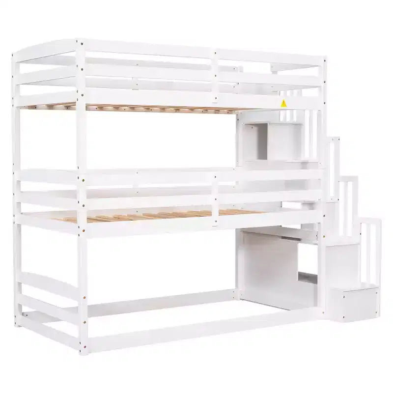 Letto a castello triplo bianco/grigio con scala contenitore, singolo, 3 posti letto