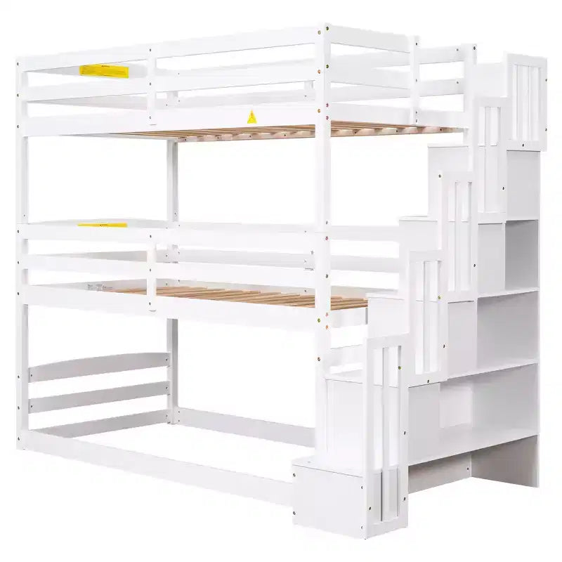 Letto a castello triplo bianco/grigio con scala contenitore, singolo, 3 posti letto