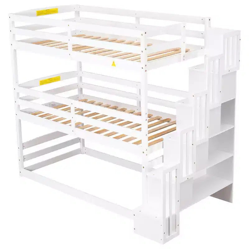 Letto a castello triplo bianco/grigio con scala contenitore, singolo, 3 posti letto