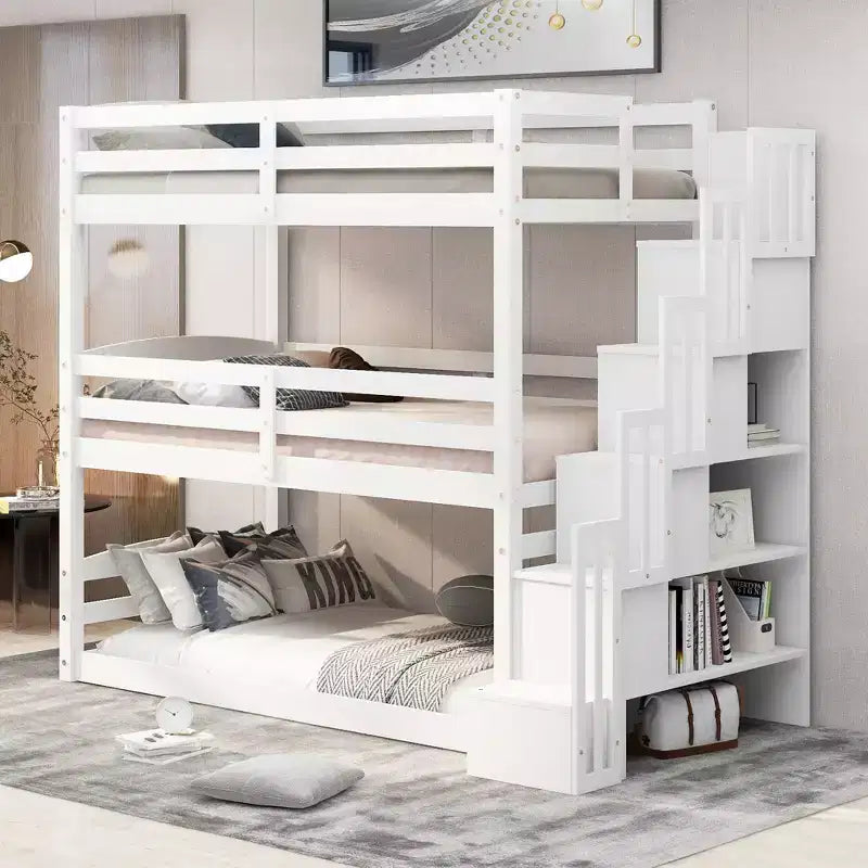 Letto a castello triplo bianco/grigio con scala contenitore, singolo, 3 posti letto