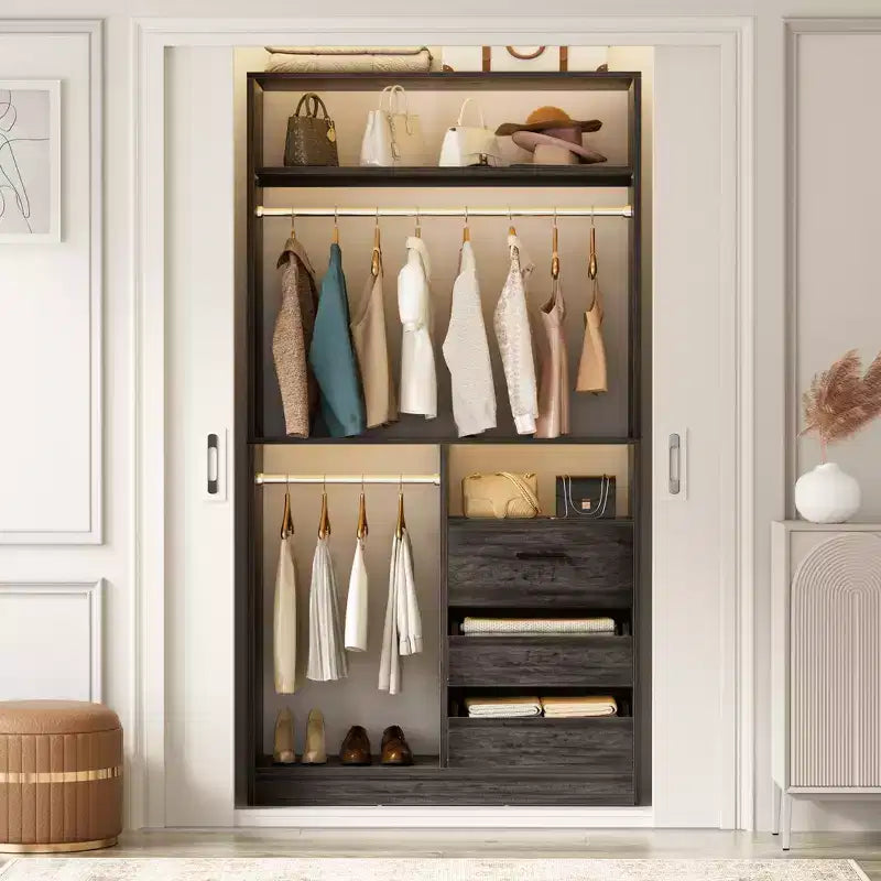 Organizzatore Armadio a Colonna Beige / Nero / Grigio Scuro / Bianco con Cassetti e Aste Appendini – 1 Persona