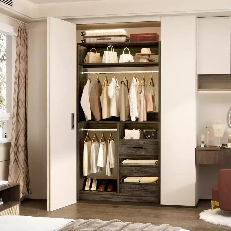 Organizzatore Armadio a Colonna Beige / Nero / Grigio Scuro / Bianco con Cassetti e Aste Appendini – 1 Persona