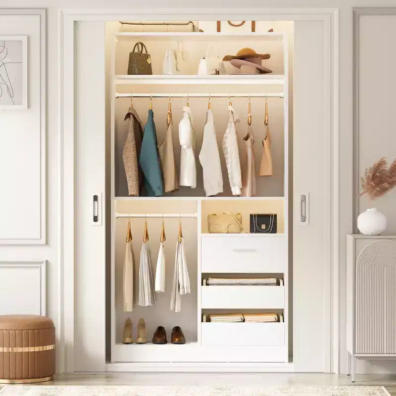 Organizzatore Armadio a Colonna Beige / Nero / Grigio Scuro / Bianco con Cassetti e Aste Appendini – 1 Persona