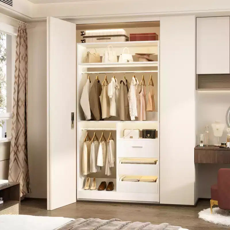 Organizzatore Armadio a Colonna Beige / Nero / Grigio Scuro / Bianco con Cassetti e Aste Appendini – 1 Persona
