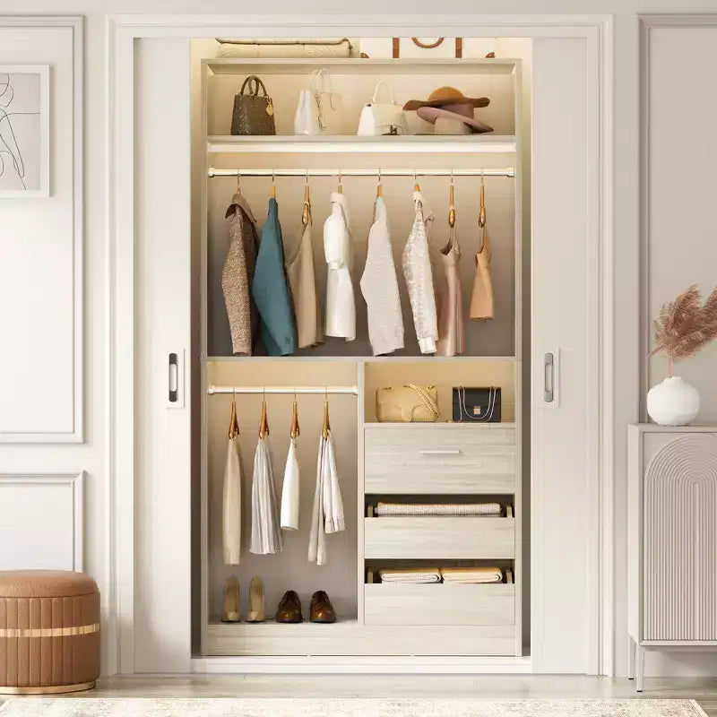 Organizzatore Armadio a Colonna Beige / Nero / Grigio Scuro / Bianco con Cassetti e Aste Appendini – 1 Persona