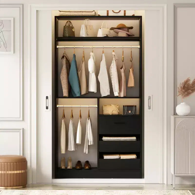 Organizzatore Armadio a Colonna Beige / Nero / Grigio Scuro / Bianco con Cassetti e Aste Appendini – 1 Persona