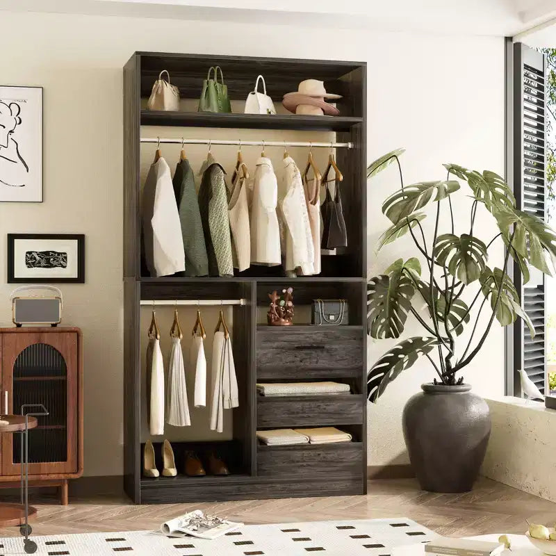 Organizzatore Armadio a Colonna Beige / Nero / Grigio Scuro / Bianco con Cassetti e Aste Appendini – 1 Persona
