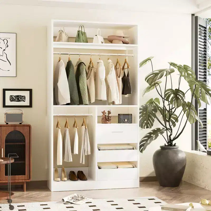 Organizzatore Armadio a Colonna Beige / Nero / Grigio Scuro / Bianco con Cassetti e Aste Appendini – 1 Persona