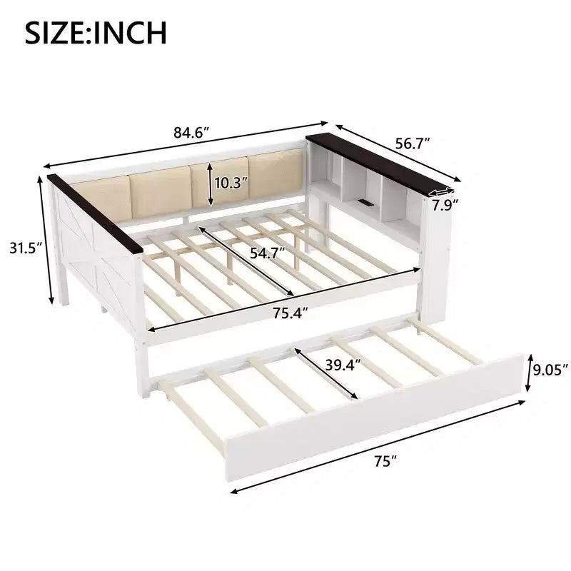 Divano-letto imbottito grigio e in legno naturale con letto estraibile, per 2 persone