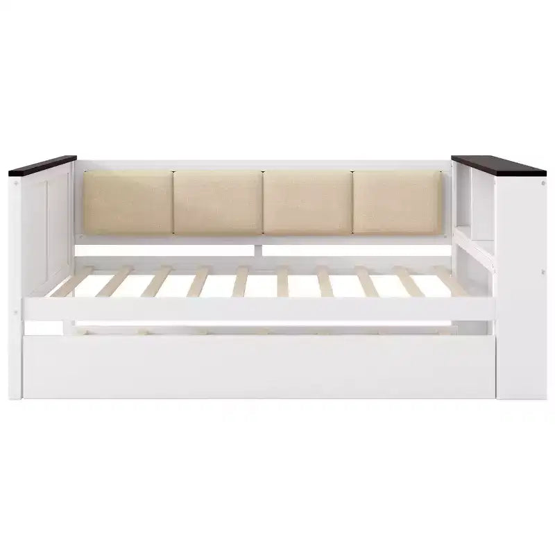 Divano-letto imbottito grigio e in legno naturale con letto estraibile, per 2 persone