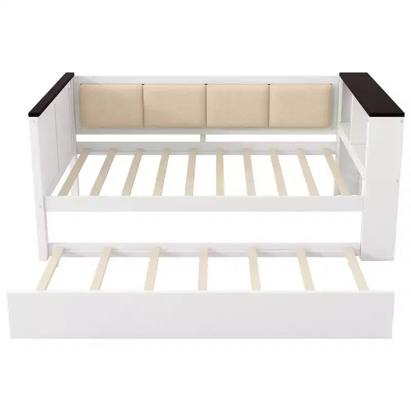 Divano-letto imbottito grigio e in legno naturale con letto estraibile, per 2 persone