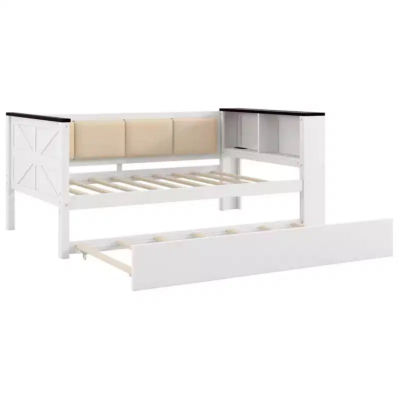 Divano-letto imbottito grigio e in legno naturale con letto estraibile, per 2 persone