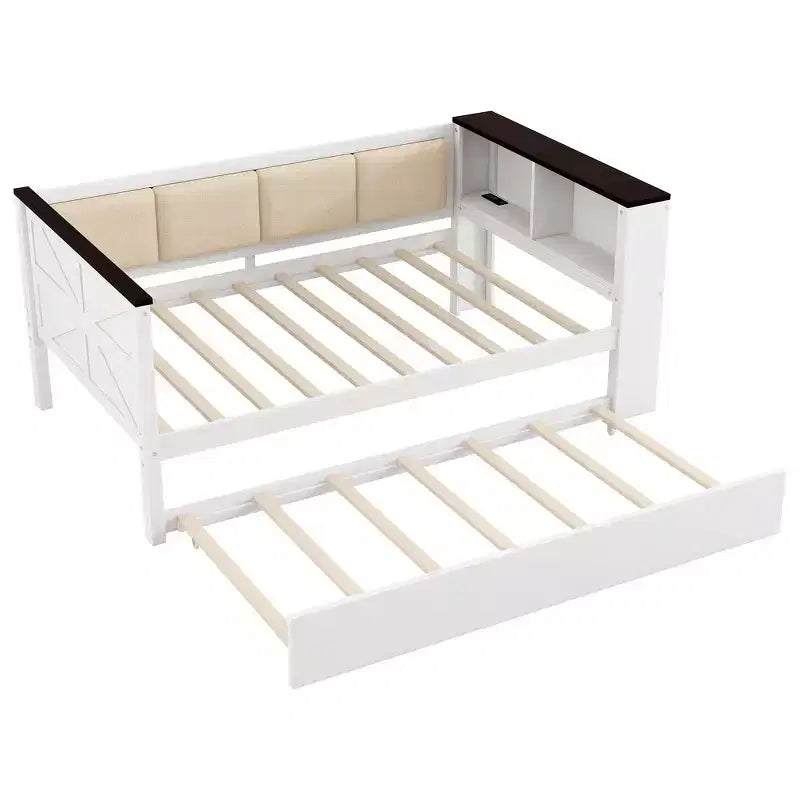 Divano-letto imbottito grigio e in legno naturale con letto estraibile, per 2 persone