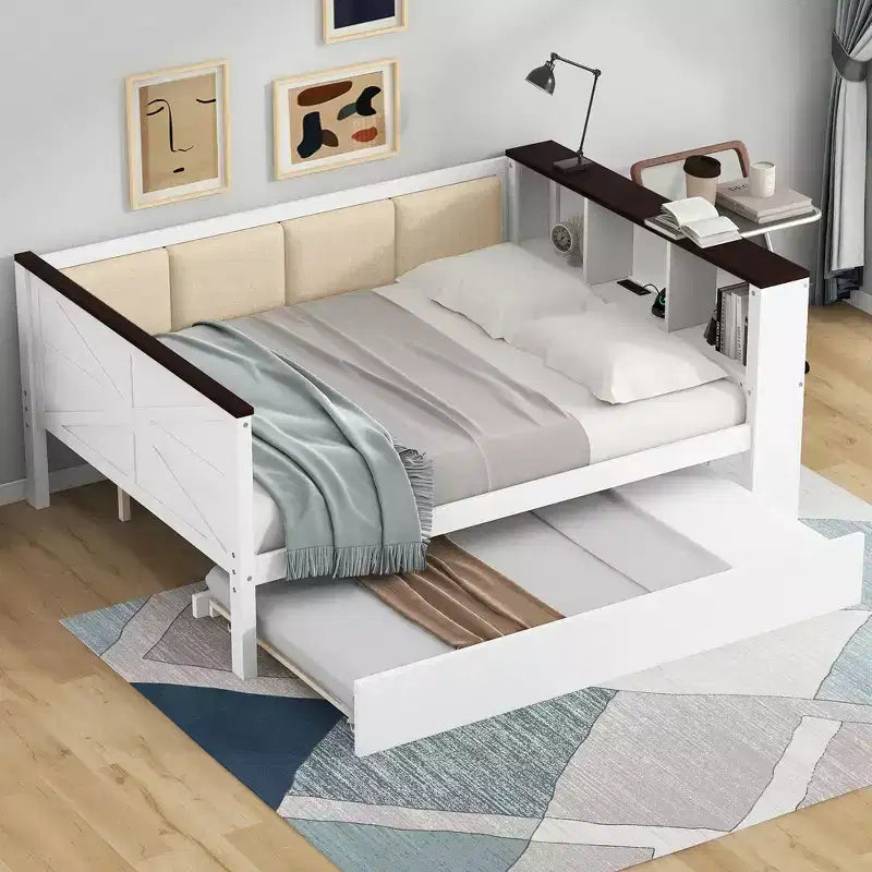 Divano-letto imbottito grigio e in legno naturale con letto estraibile, per 2 persone