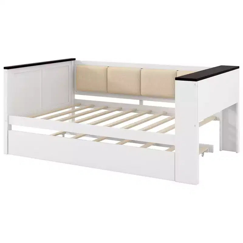Divano-letto imbottito grigio e in legno naturale con letto estraibile, per 2 persone